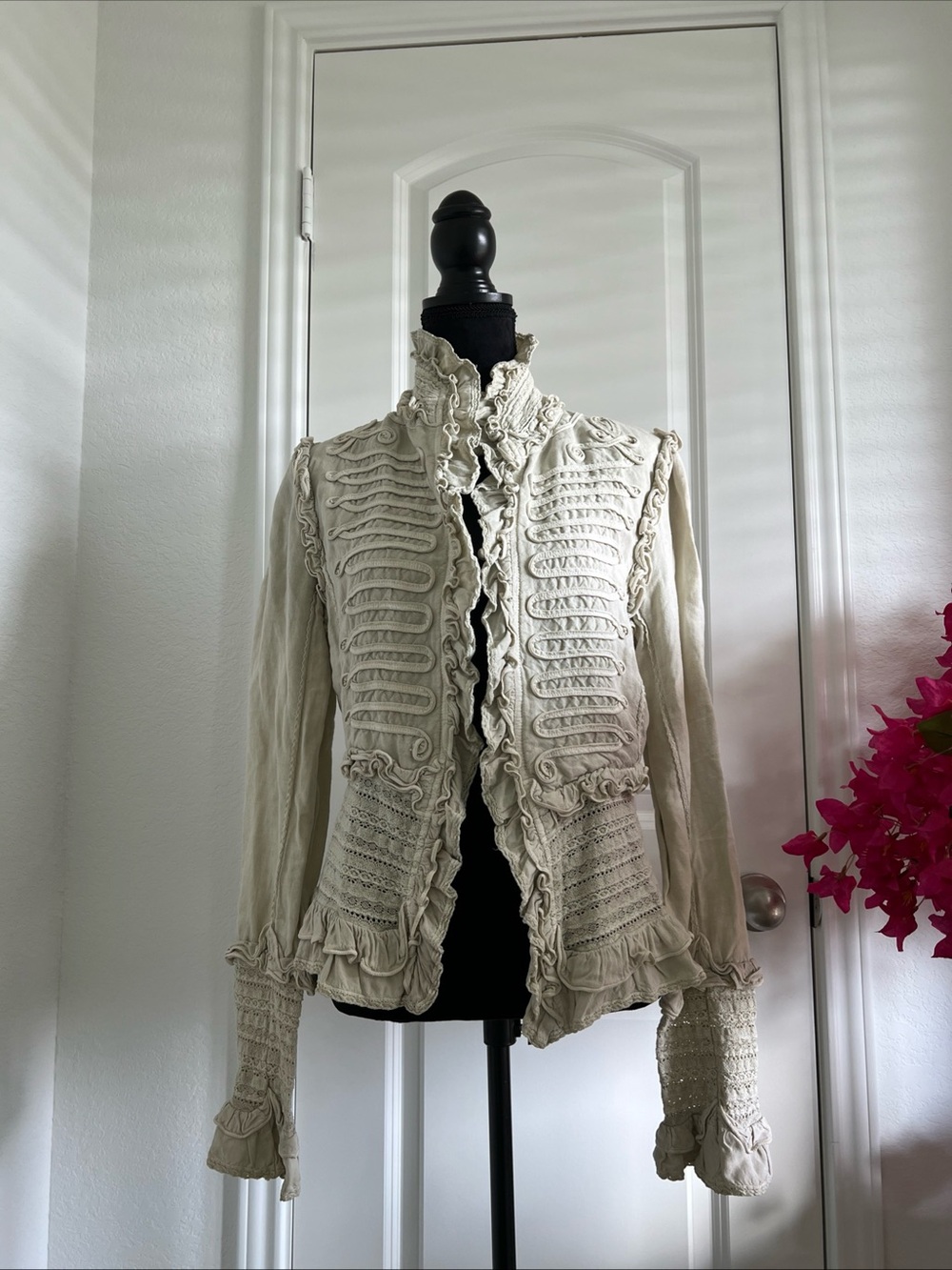 Closed Cream Ruffled Military-Style Jacket open front